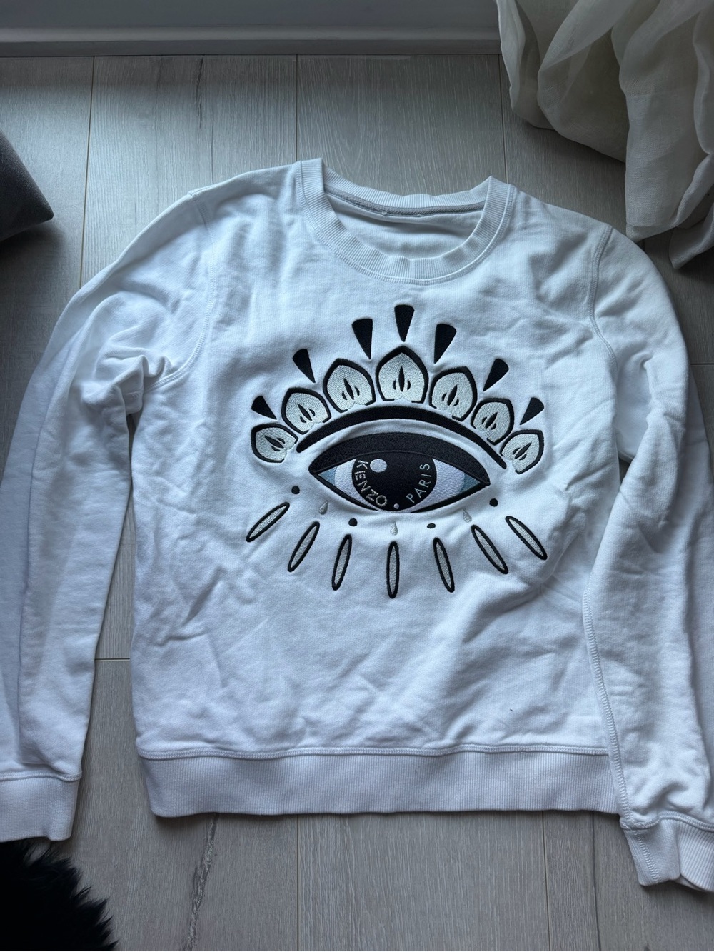 Kenzo White Crewneck Sweater with Black Eye Motif